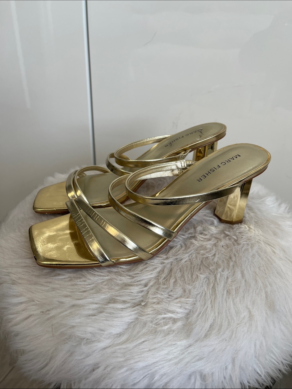 Marc Fisher Metallic Gold Multi-Strap Block Heel Sandals, Size 8